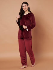 Burgundy Solid Velvet Winter Night Suit