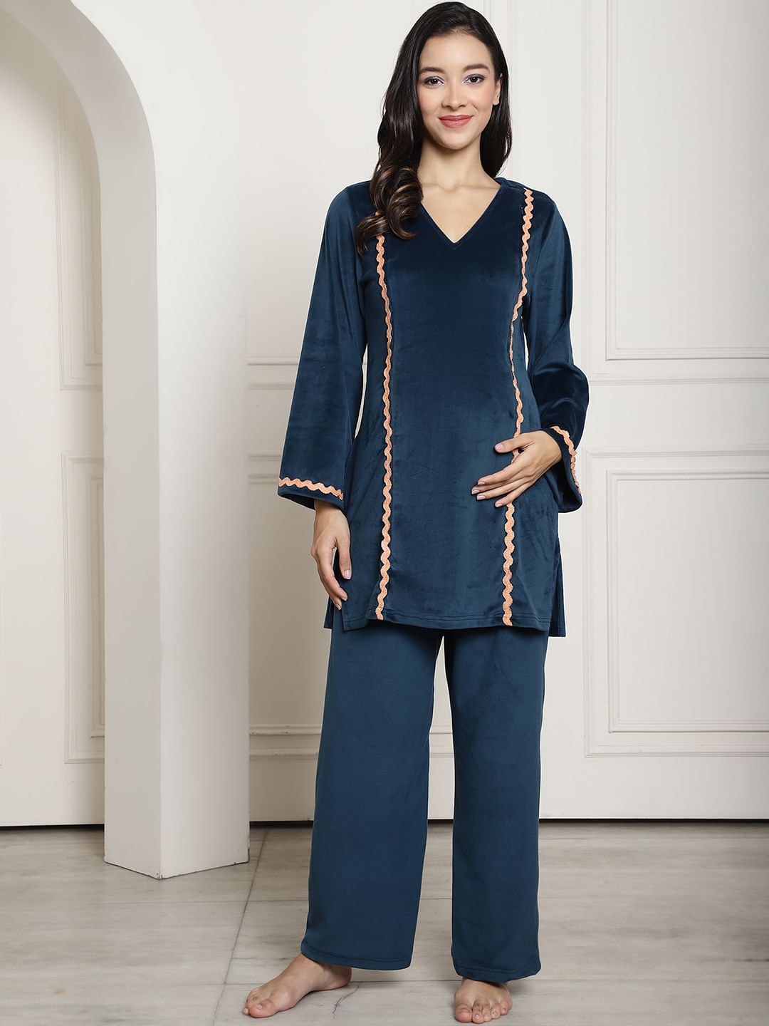 Turquoise Velvet Maternity Night Suit