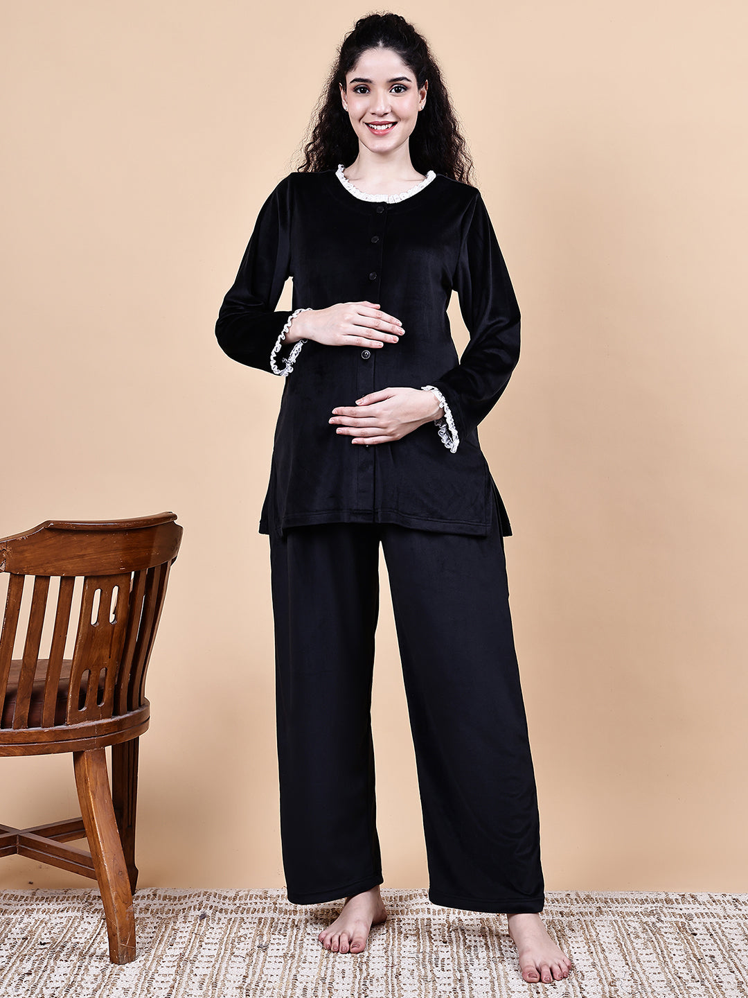 Black Solid Velvet Winter Maternity Night Suit