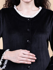 Black Solid Velvet Winter Maternity Night Suit