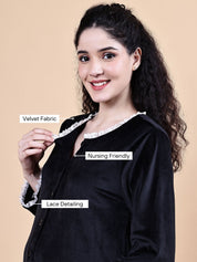 Black Solid Velvet Winter Maternity Night Suit