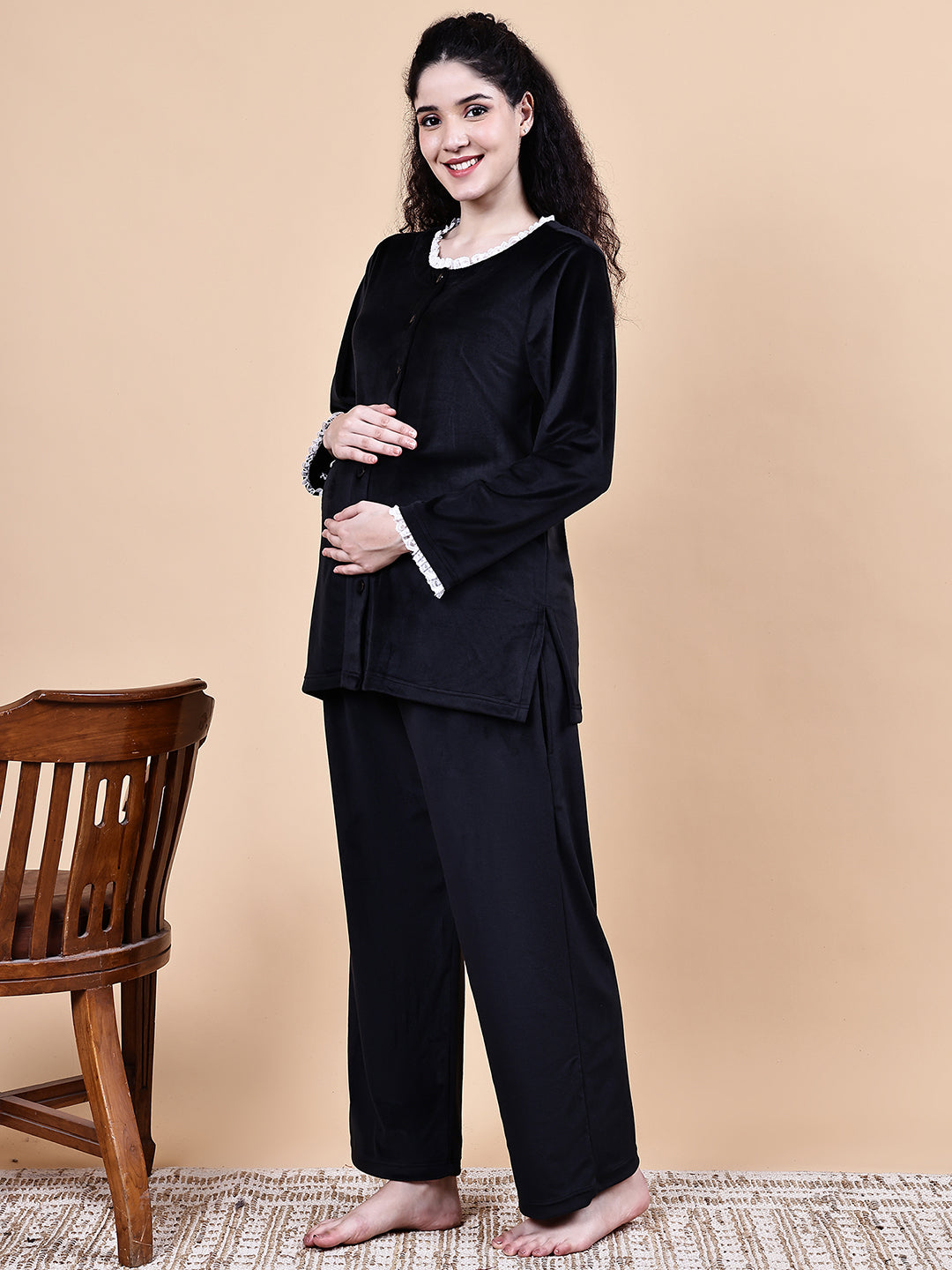 Black Solid Velvet Winter Maternity Night Suit