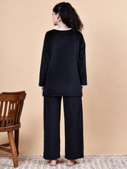 Black Solid Velvet Winter Maternity Night Suit
