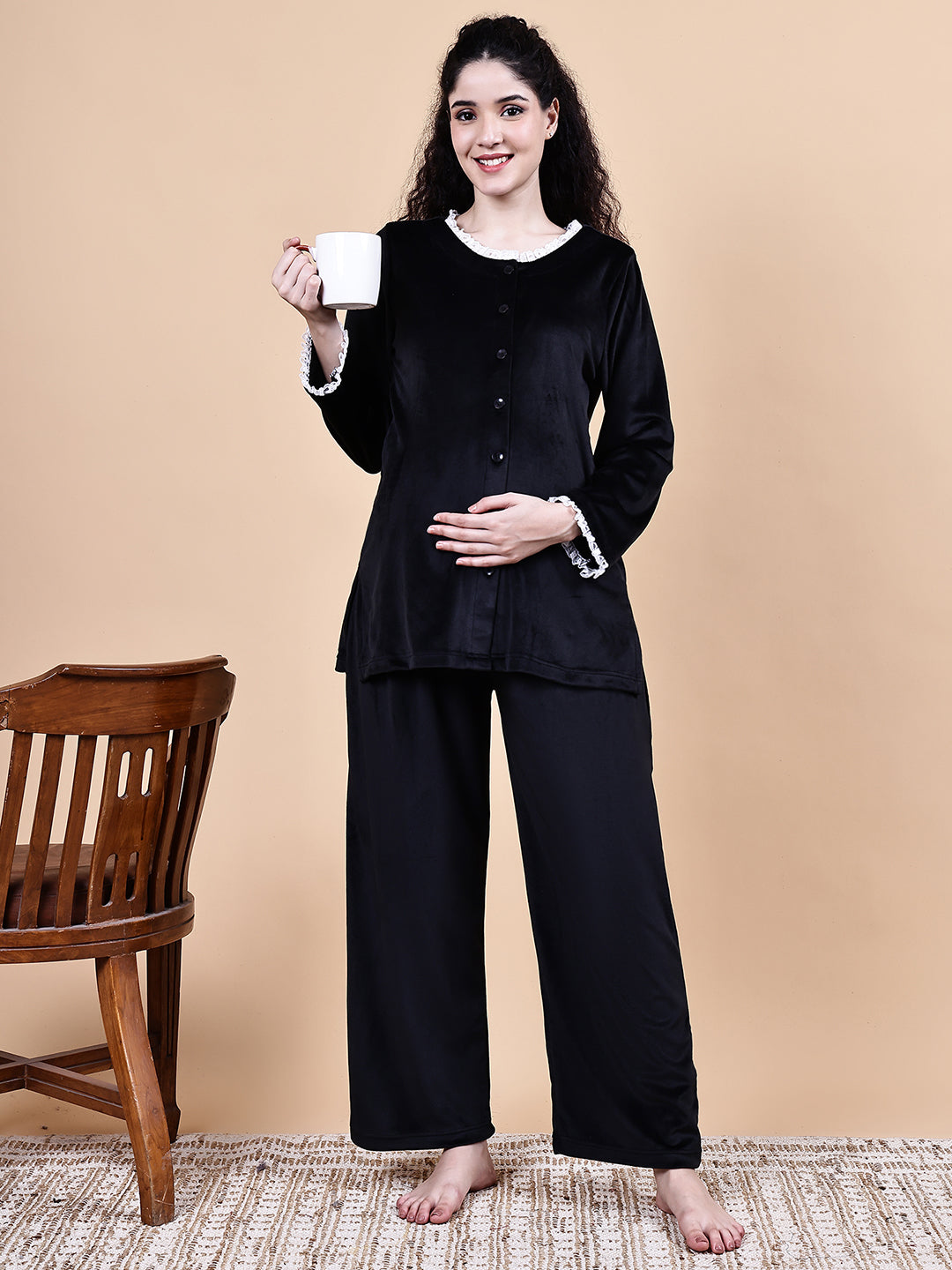 Black Solid Velvet Winter Maternity Night Suit