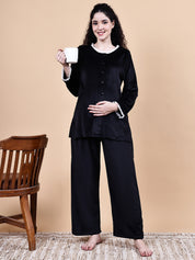 Black Solid Velvet Winter Maternity Night Suit