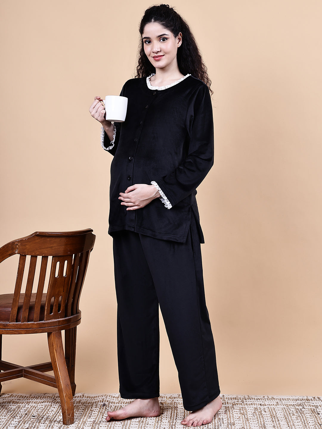 Black Solid Velvet Winter Maternity Night Suit