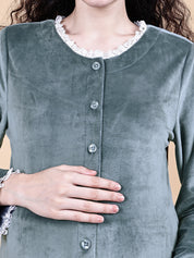 Secret Wish Grey Solid Velvet Winter Maternity Night Suit