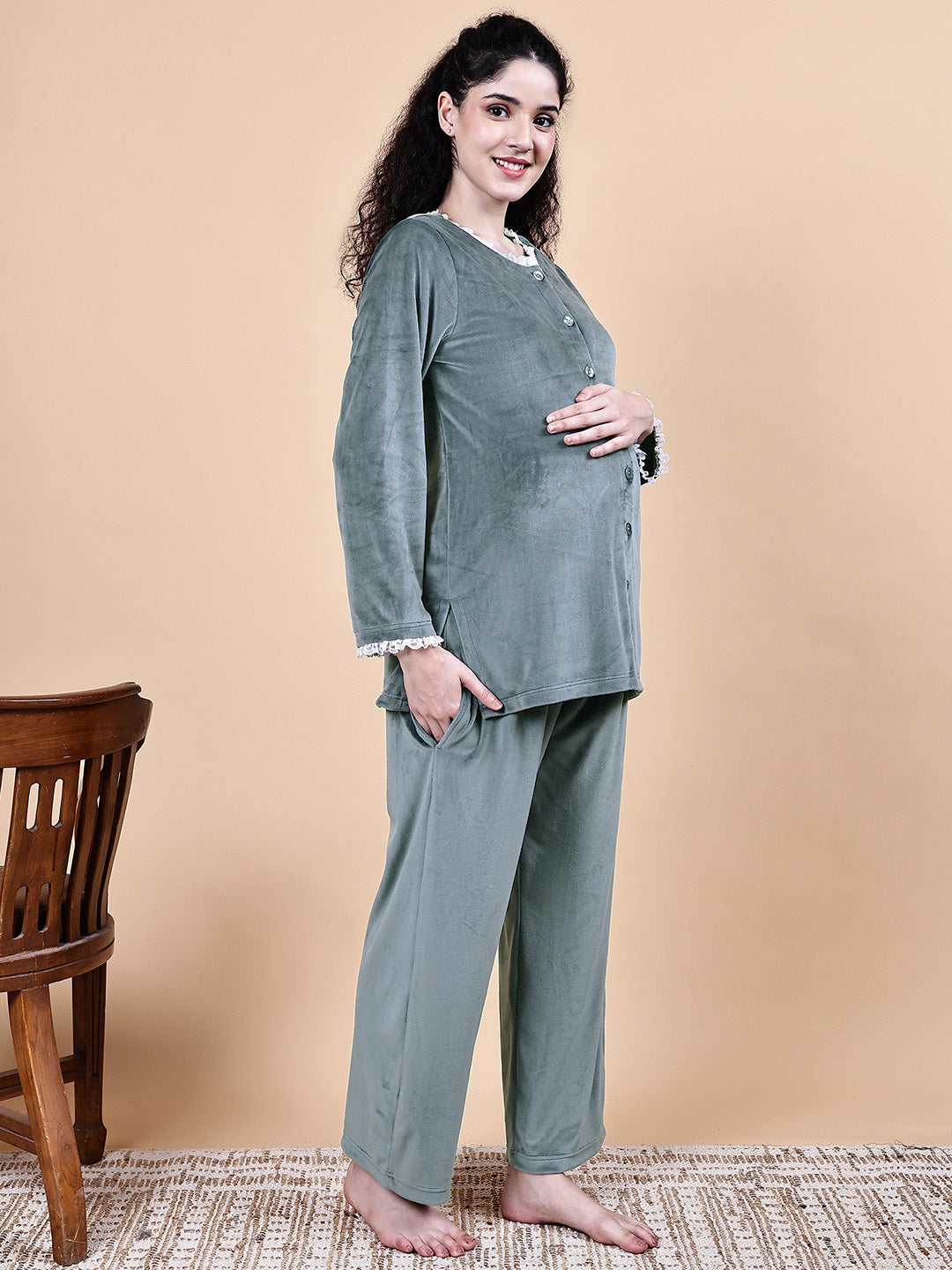 Secret Wish Grey Solid Velvet Winter Maternity Night Suit