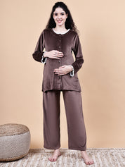 Secret Wish Brown Solid Velvet Winter Maternity Night Suit