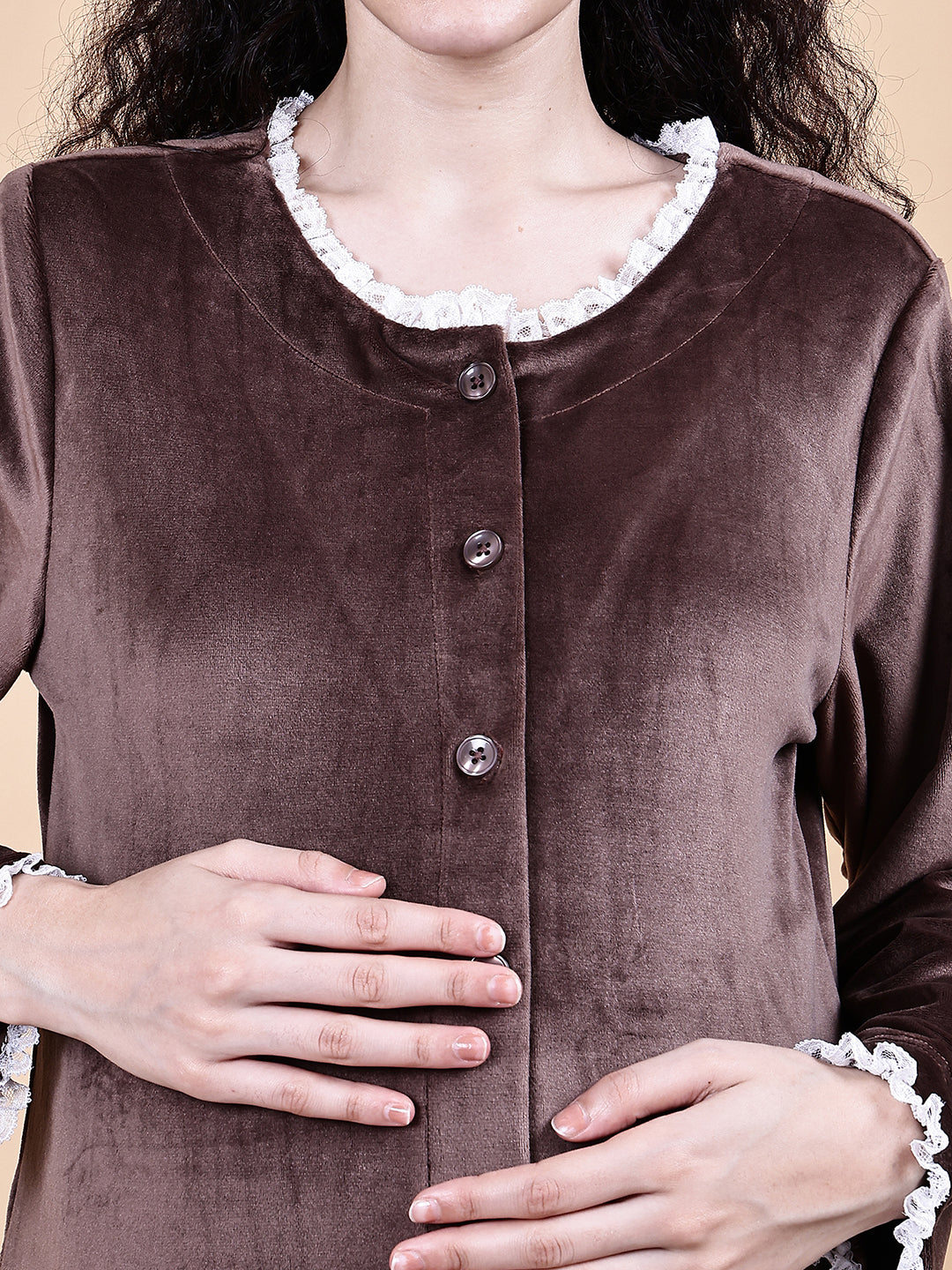 Secret Wish Brown Solid Velvet Winter Maternity Night Suit