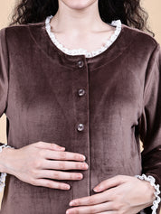 Secret Wish Brown Solid Velvet Winter Maternity Night Suit