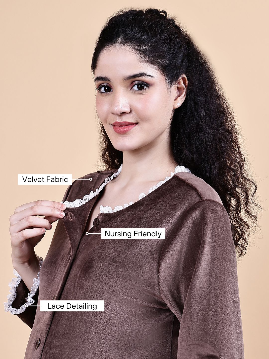 Secret Wish Brown Solid Velvet Winter Maternity Night Suit