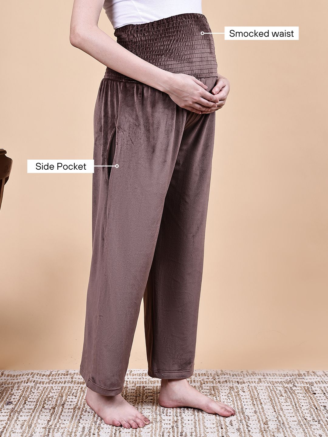 Secret Wish Brown Solid Velvet Winter Maternity Night Suit