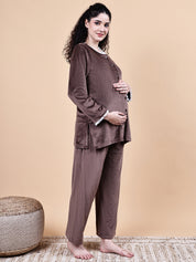 Secret Wish Brown Solid Velvet Winter Maternity Night Suit