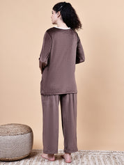 Secret Wish Brown Solid Velvet Winter Maternity Night Suit