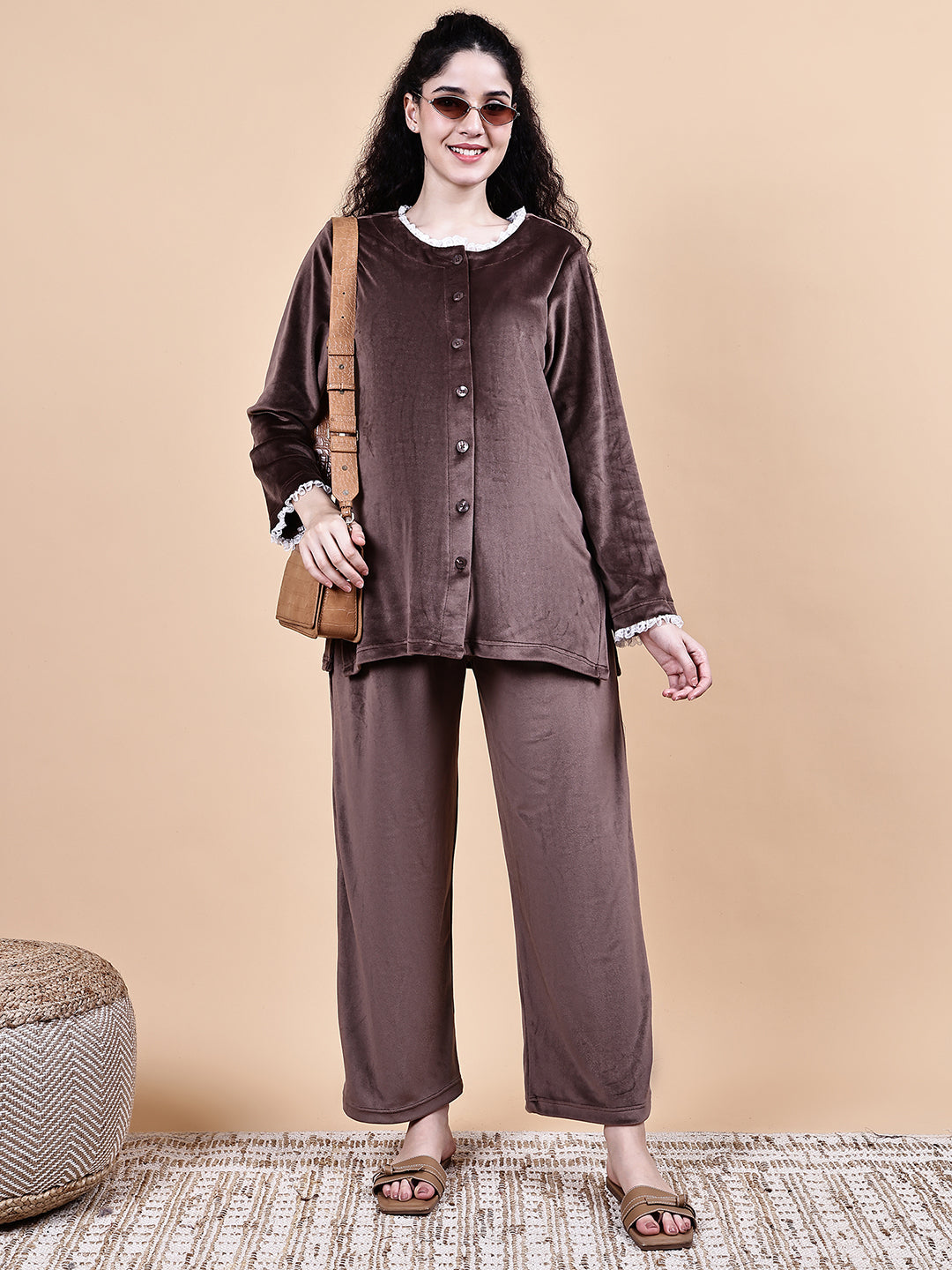 Secret Wish Brown Solid Velvet Winter Maternity Night Suit