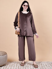 Secret Wish Brown Solid Velvet Winter Maternity Night Suit