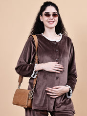 Secret Wish Brown Solid Velvet Winter Maternity Night Suit
