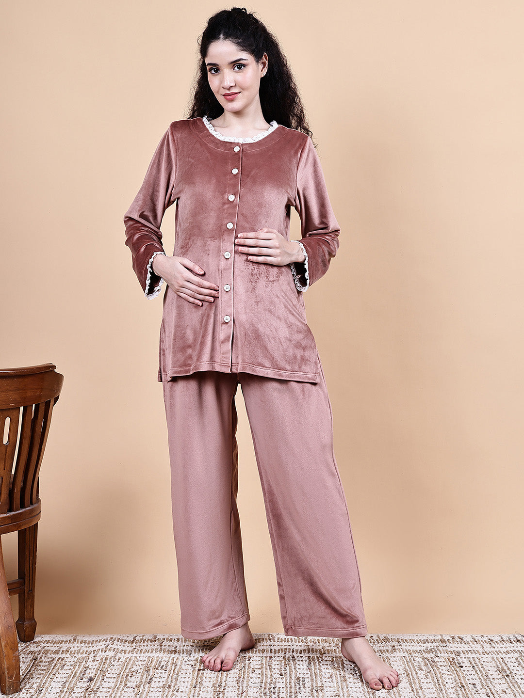 Pink Solid Velvet Winter Maternity Night Suit