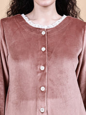 Pink Solid Velvet Winter Maternity Night Suit