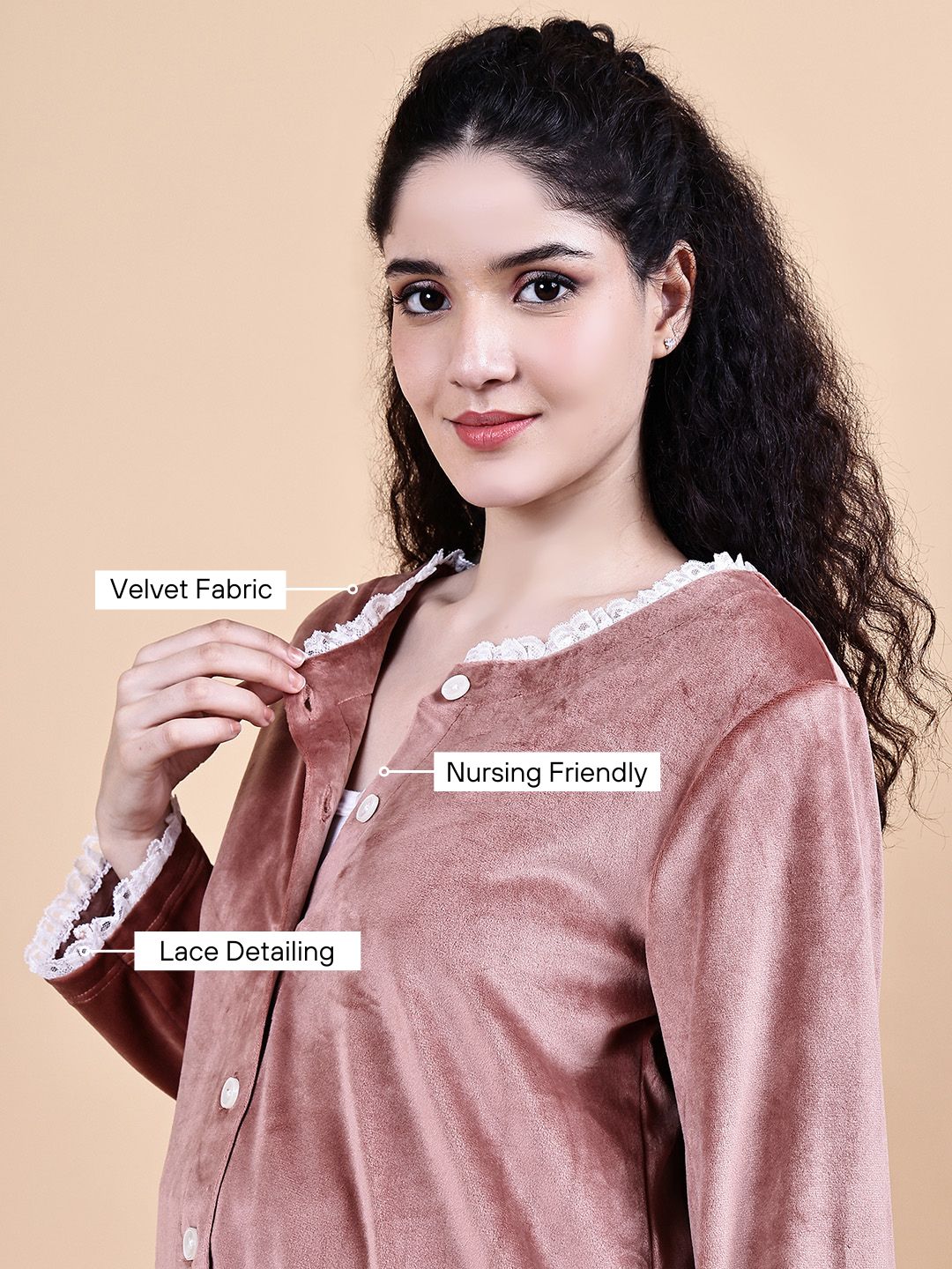 Pink Solid Velvet Winter Maternity Night Suit