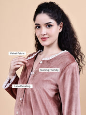 Pink Solid Velvet Winter Maternity Night Suit