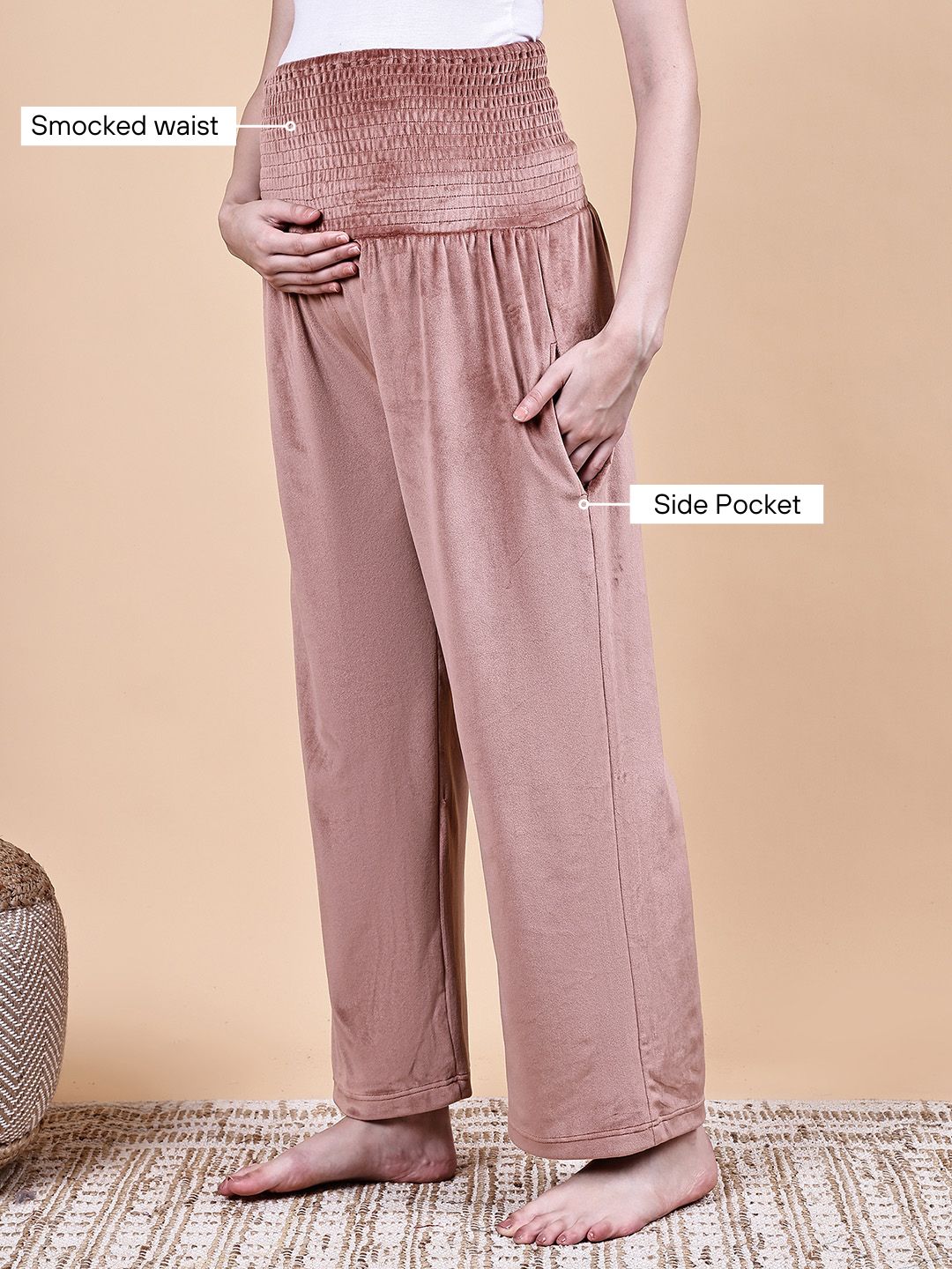 Pink Solid Velvet Winter Maternity Night Suit