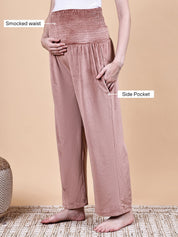 Pink Solid Velvet Winter Maternity Night Suit
