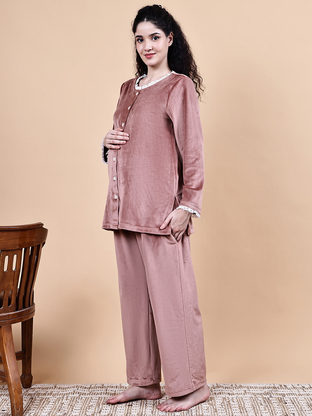 Pink Solid Velvet Winter Maternity Night Suit
