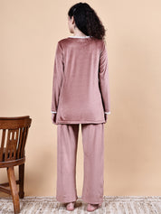 Pink Solid Velvet Winter Maternity Night Suit