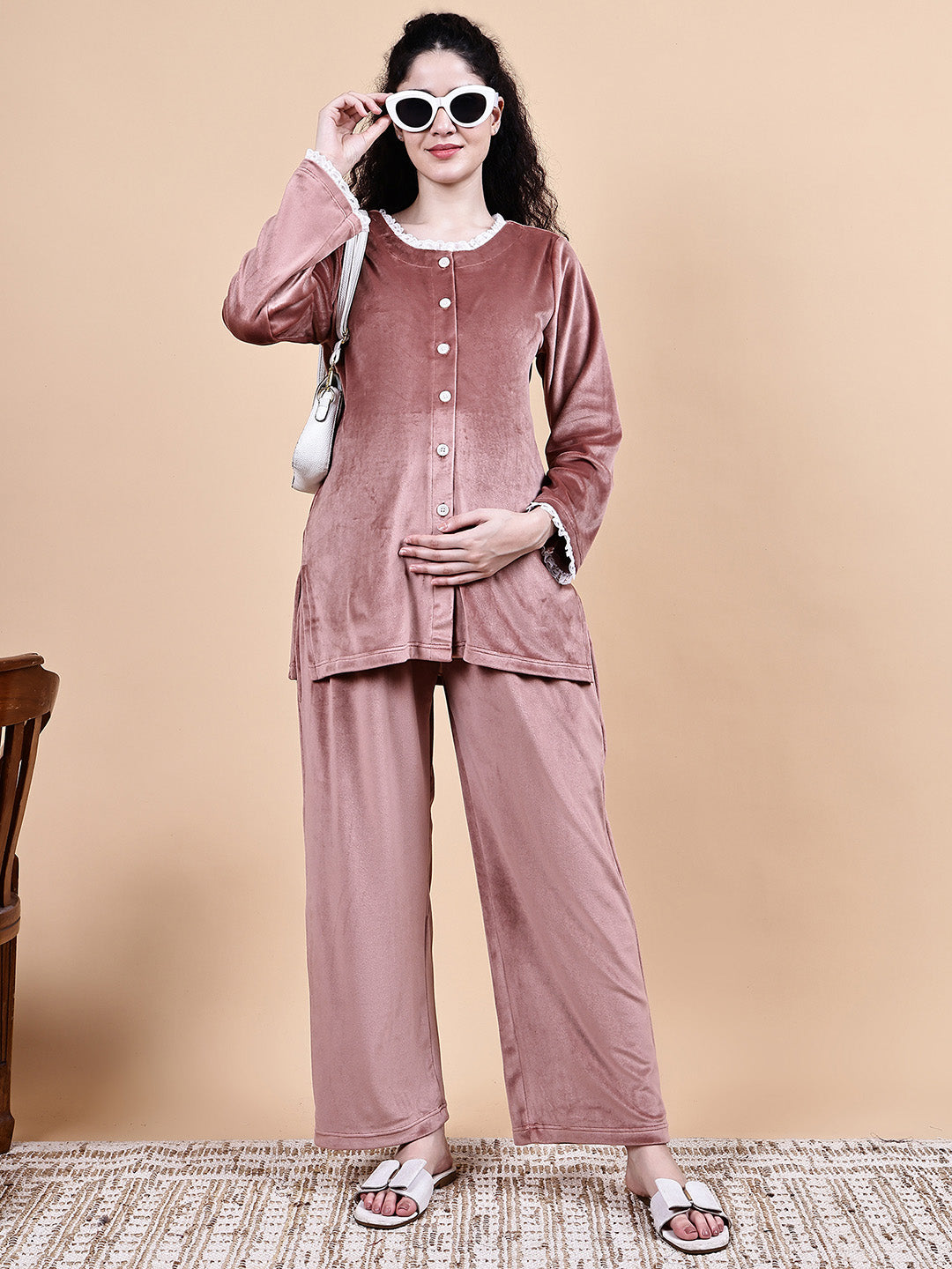 Pink Solid Velvet Winter Maternity Night Suit