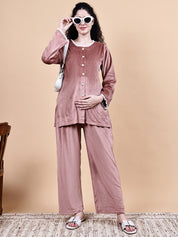 Pink Solid Velvet Winter Maternity Night Suit