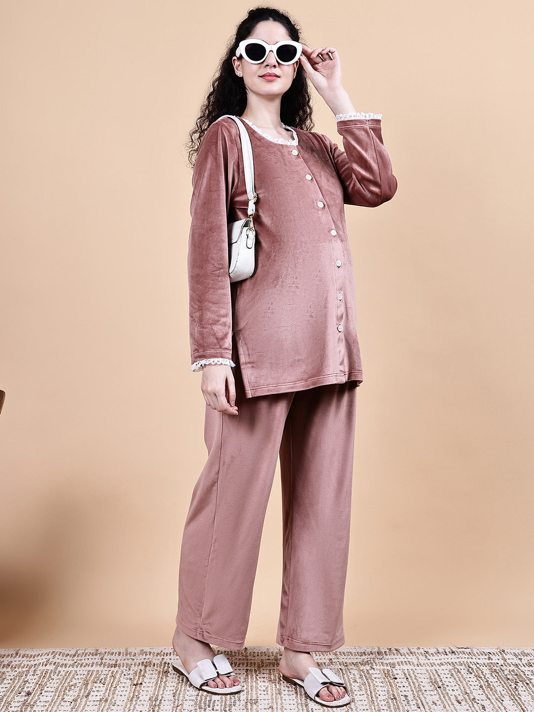 Pink Solid Velvet Winter Maternity Night Suit