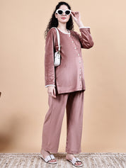 Pink Solid Velvet Winter Maternity Night Suit