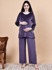 Purple Solid Velvet Winter Maternity Night Suit