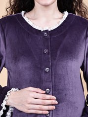 Purple Solid Velvet Winter Maternity Night Suit