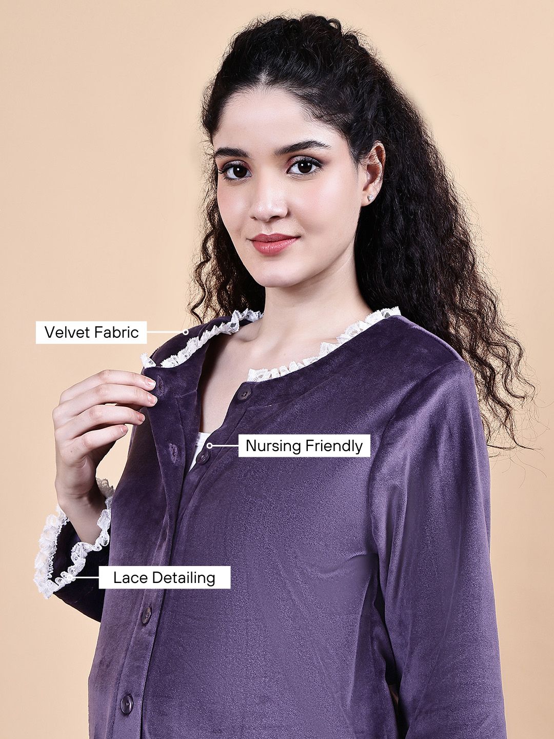 Purple Solid Velvet Winter Maternity Night Suit