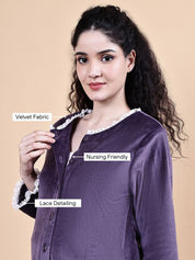 Purple Solid Velvet Winter Maternity Night Suit