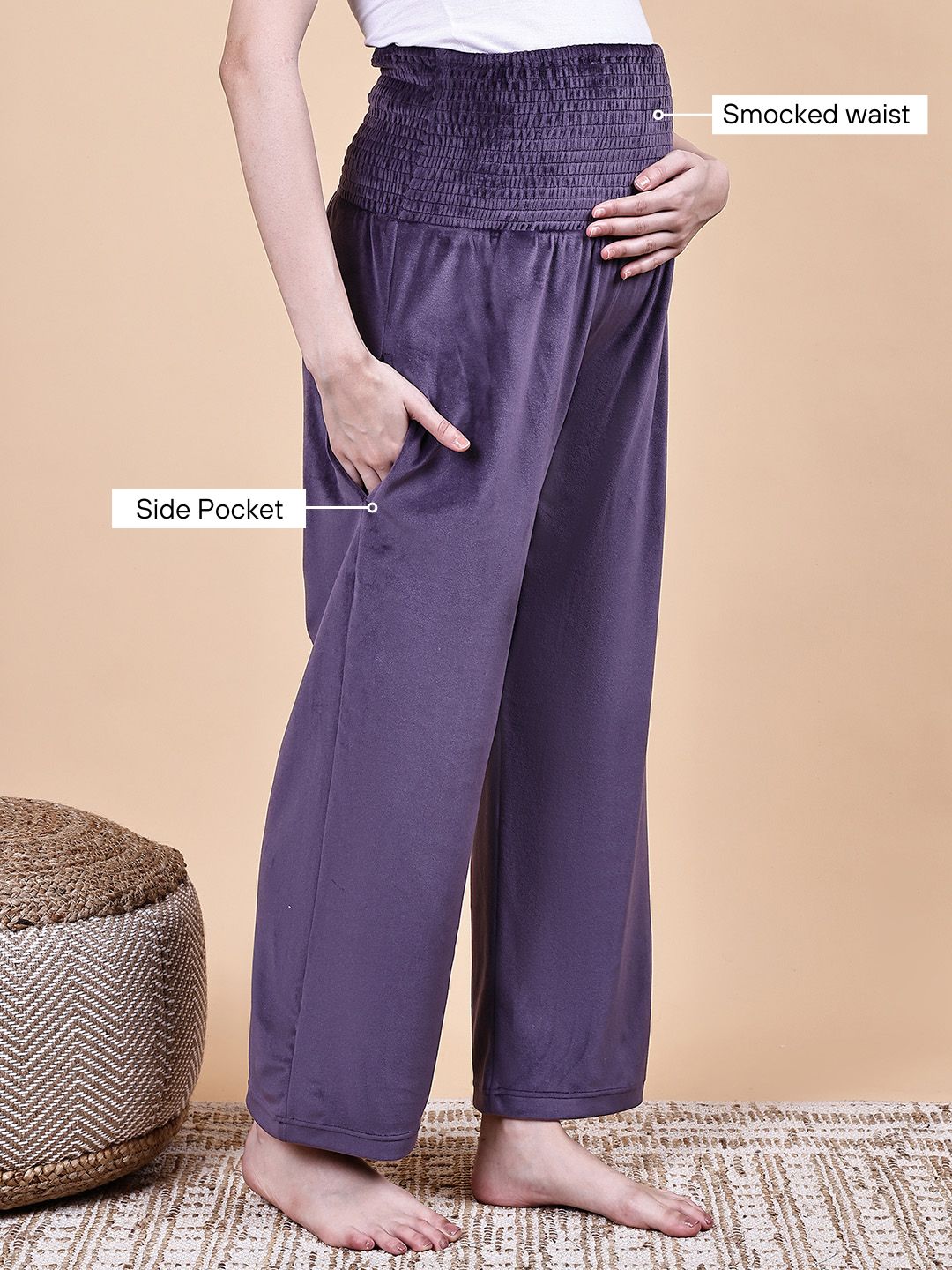 Purple Solid Velvet Winter Maternity Night Suit