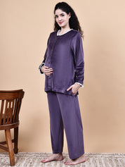 Purple Solid Velvet Winter Maternity Night Suit