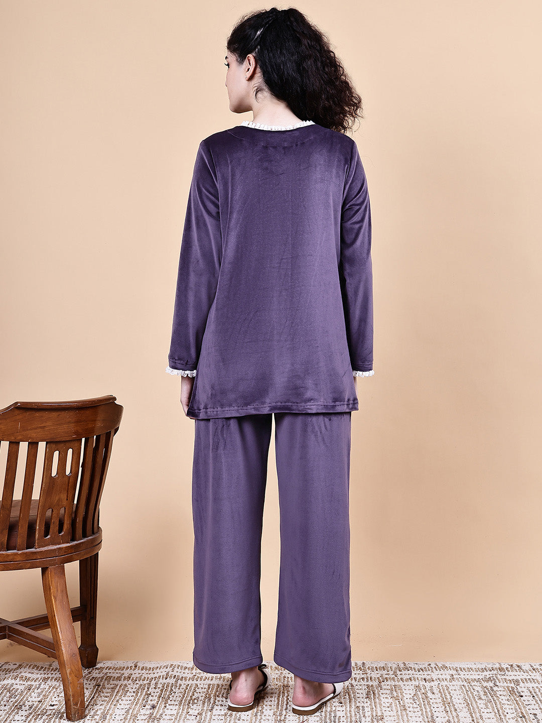 Purple Solid Velvet Winter Maternity Night Suit
