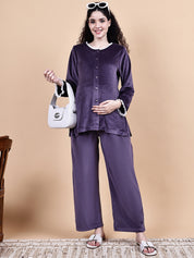 Purple Solid Velvet Winter Maternity Night Suit