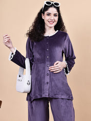 Purple Solid Velvet Winter Maternity Night Suit
