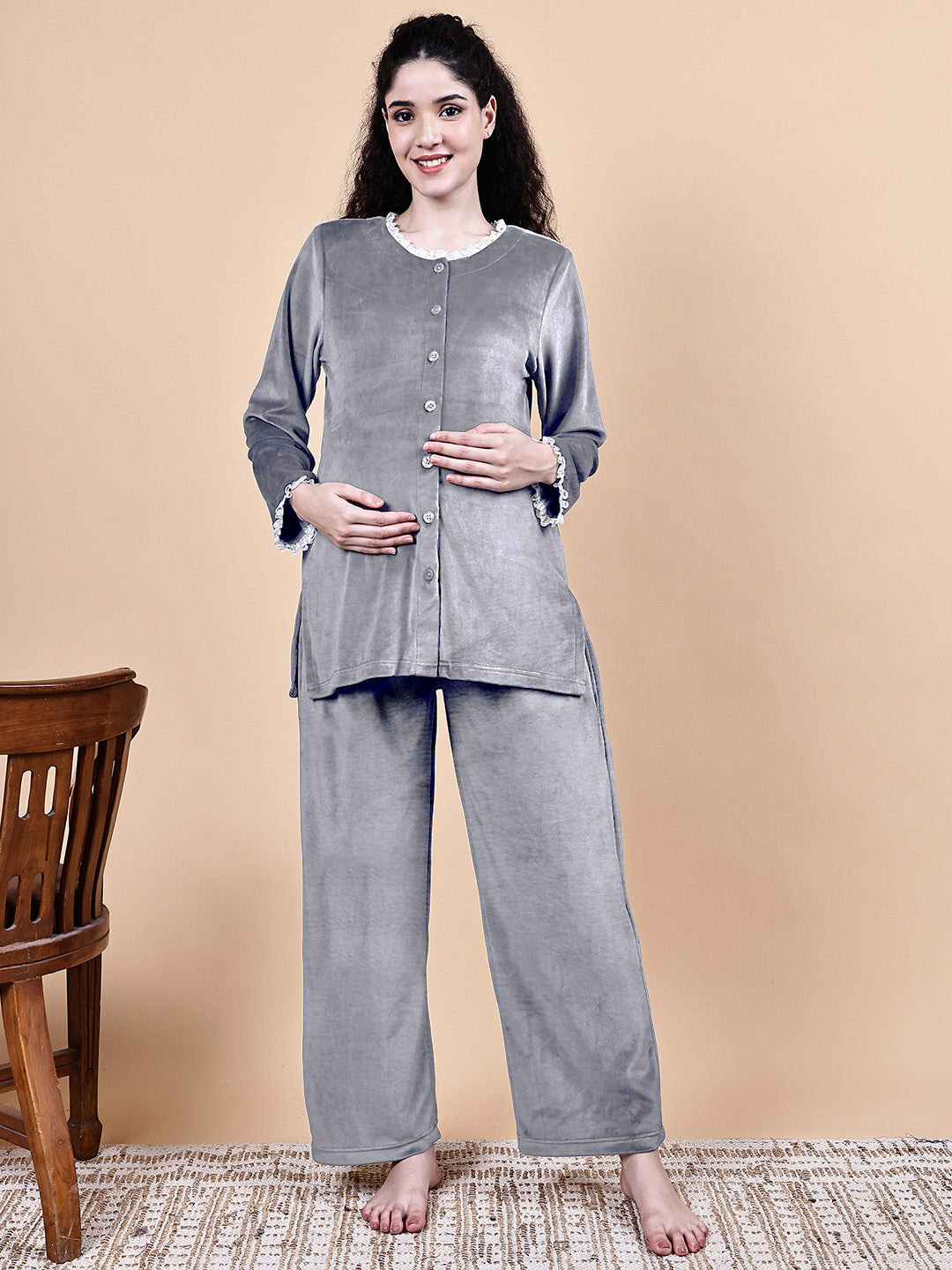 Secret Wish Grey Solid Velvet Winter Maternity Night Suit