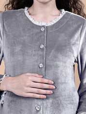 Secret Wish Grey Solid Velvet Winter Maternity Night Suit