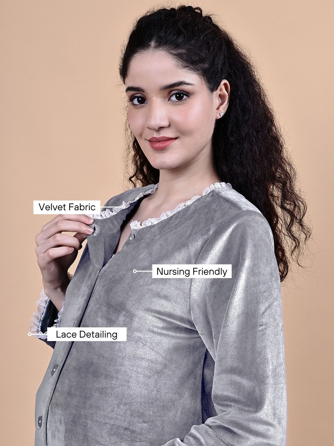Secret Wish Grey Solid Velvet Winter Maternity Night Suit