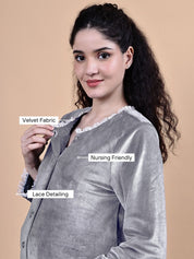 Secret Wish Grey Solid Velvet Winter Maternity Night Suit