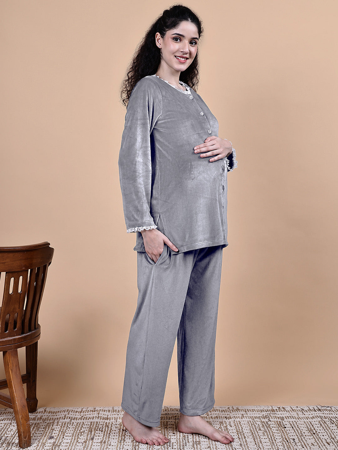 Secret Wish Grey Solid Velvet Winter Maternity Night Suit