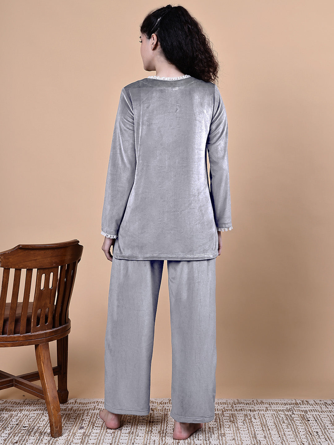 Secret Wish Grey Solid Velvet Winter Maternity Night Suit