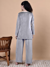 Secret Wish Grey Solid Velvet Winter Maternity Night Suit
